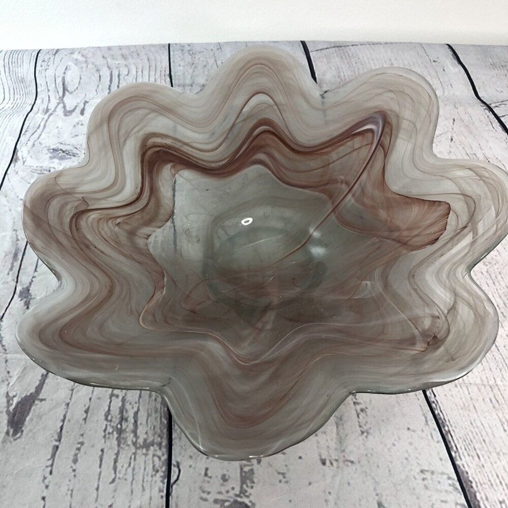 Vidrios San Miguel Recycled Art Glass Large 12" Pink Swirl Bowl Flower Shape
